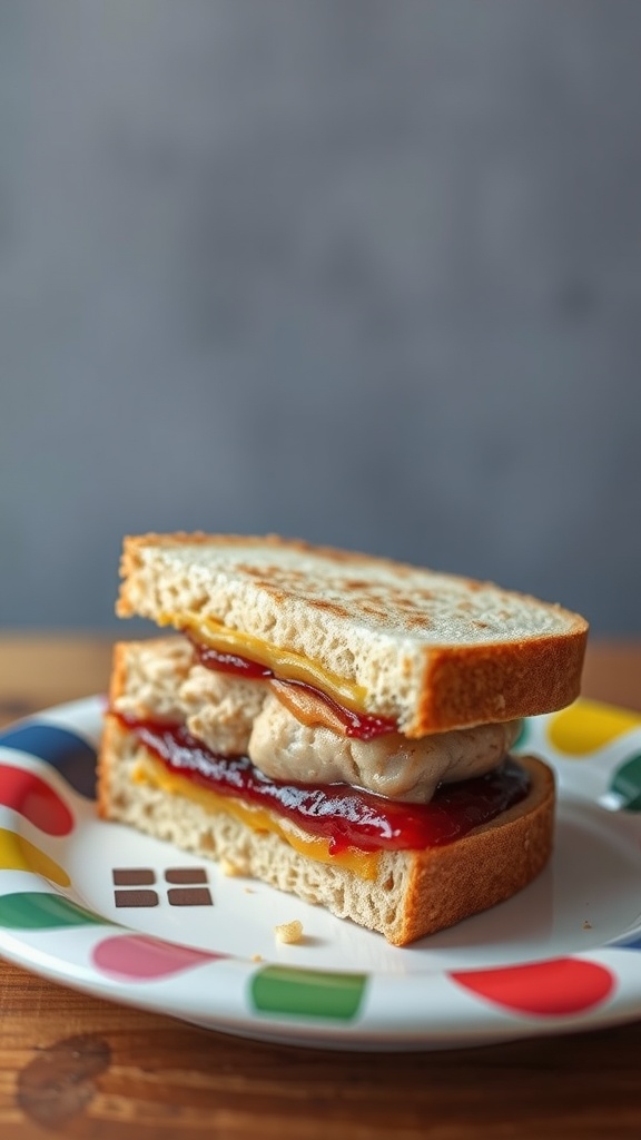 A classic peanut butter and jelly sandwich on a colorful plate.