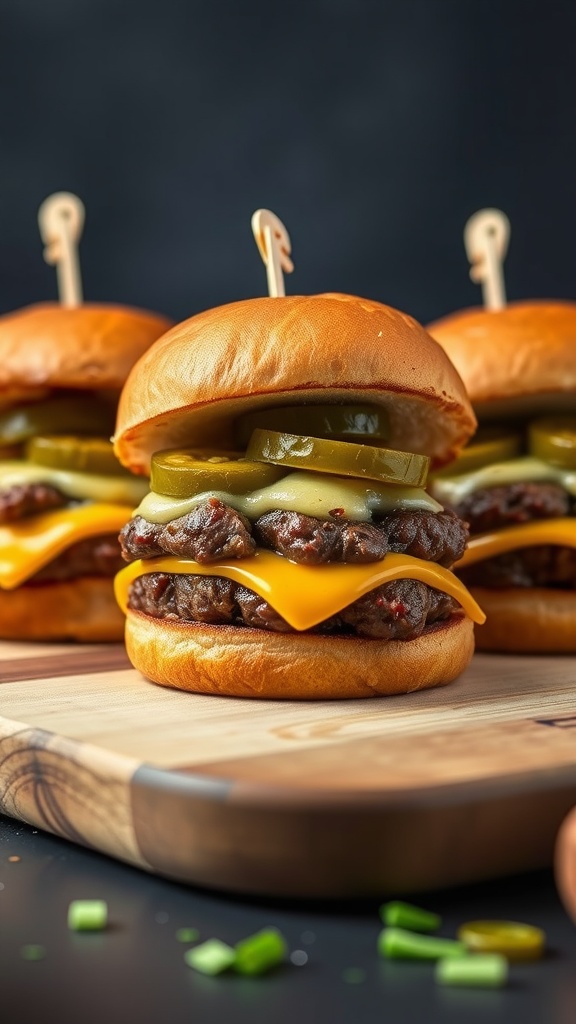 Delicious beef sliders with cheese and pickles stacked on a wooden board.