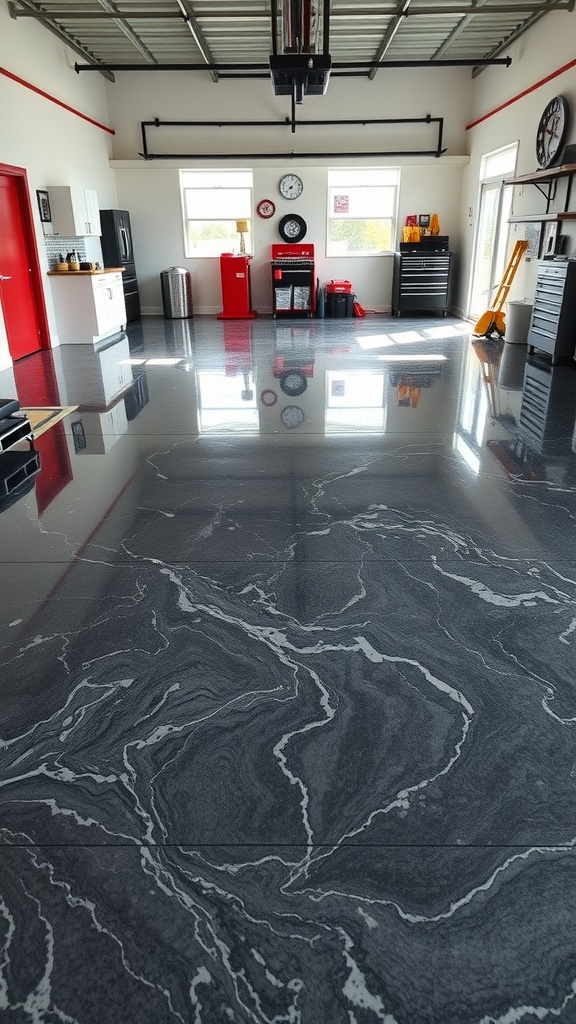 A modern garage with a glossy charcoal marbled epoxy floor and red accents.