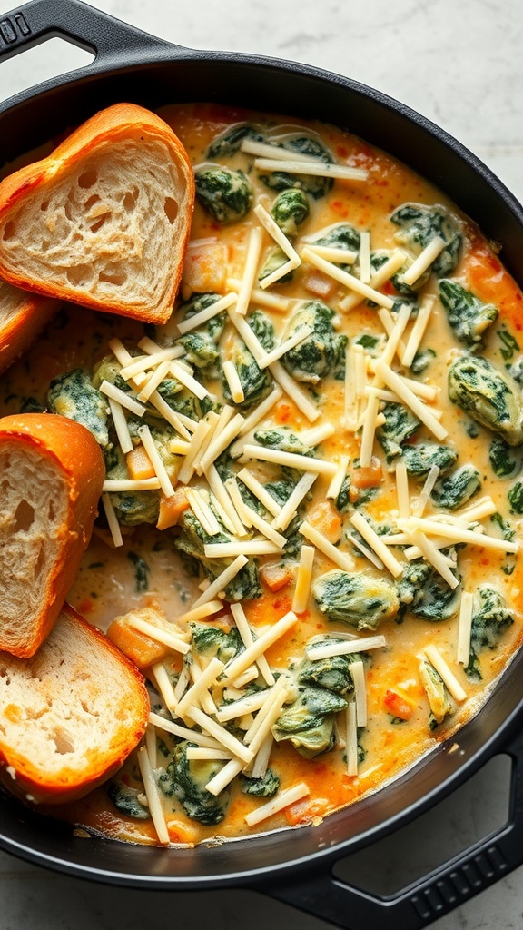 A warm and creamy spinach and artichoke dip served with slices of bread