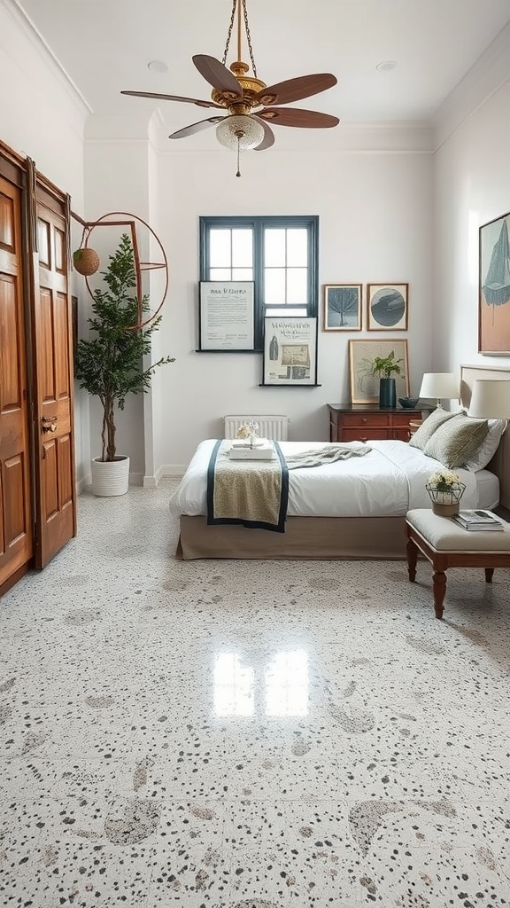 A bedroom featuring classic terrazzo epoxy flooring, warm wood furniture, and tasteful decor.
