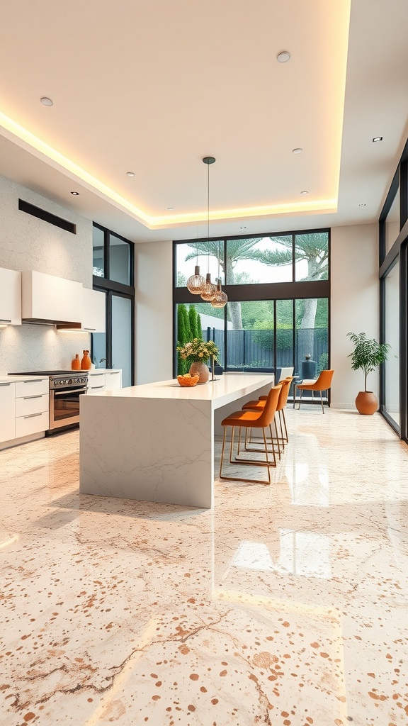 A modern kitchen with a classic terrazzo epoxy floor, featuring a sleek island and large windows.