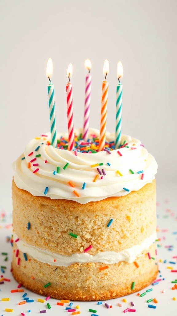A classic vanilla birthday cake topped with sprinkles and candles.
