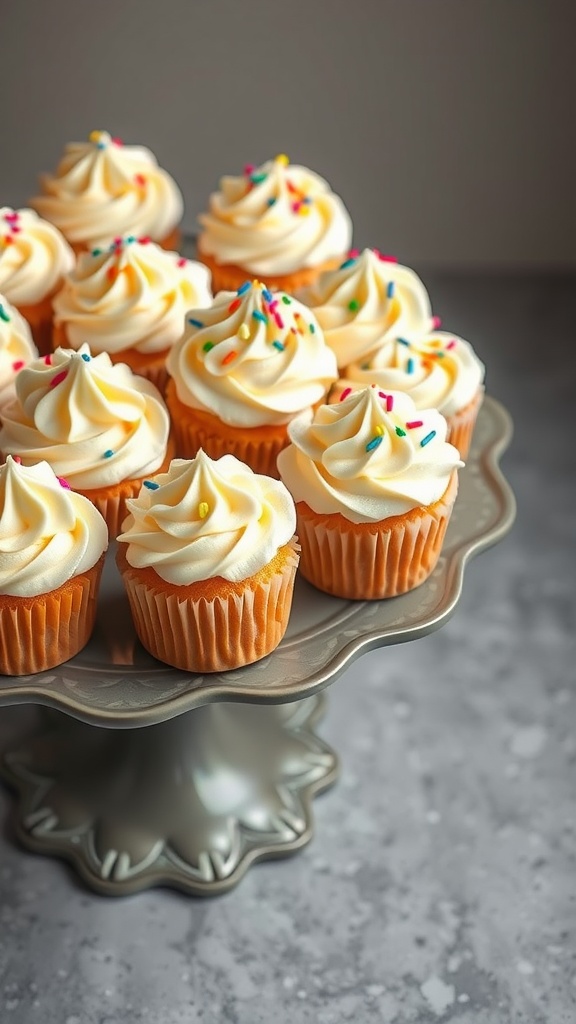 A platter of classic vanilla cupcakes topped with frosting and colorful sprinkles.