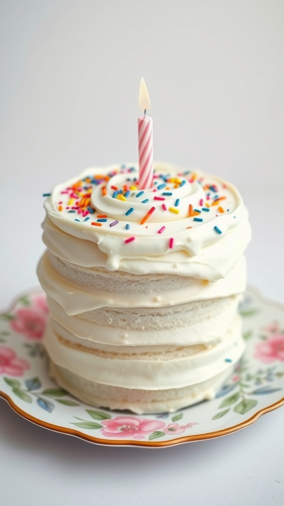 A classic vanilla layer cake with frosting and colorful sprinkles.