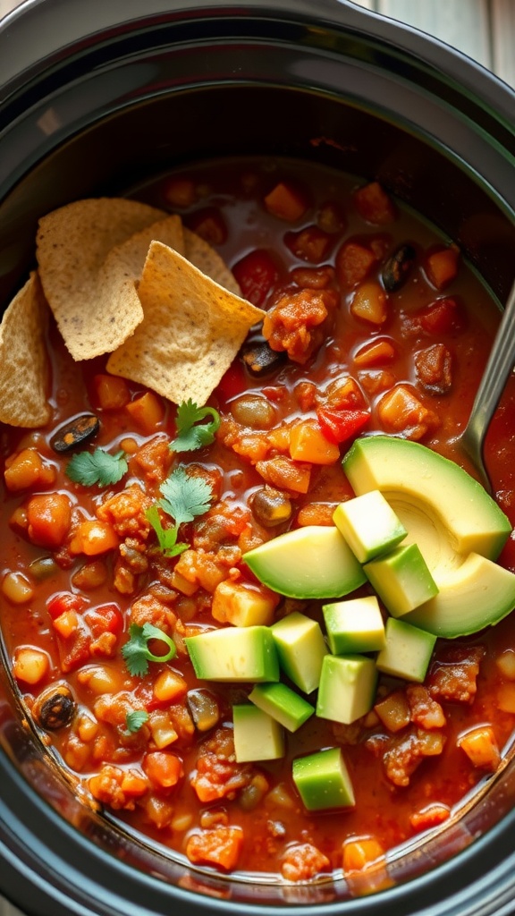 A bowl of vegetable chili with avocado and tortilla chips on top.