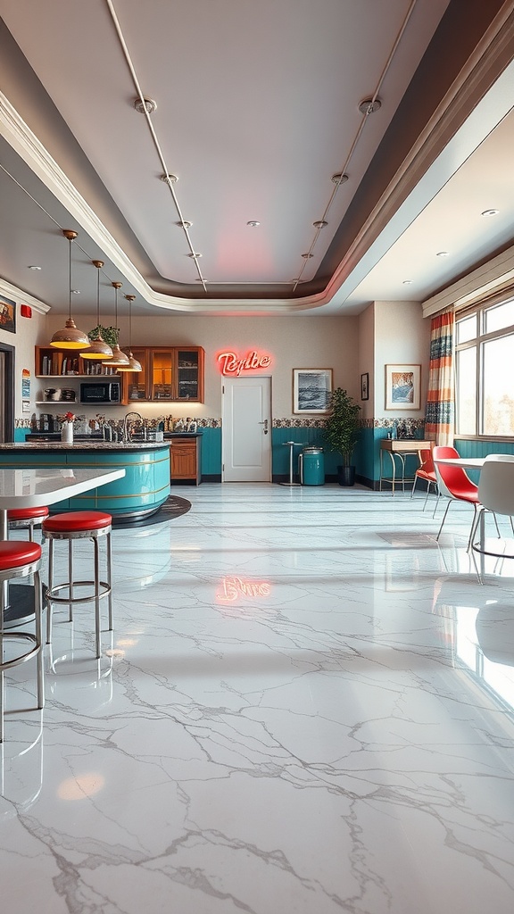 A vintage-style kitchen with marble epoxy flooring and colorful decor.