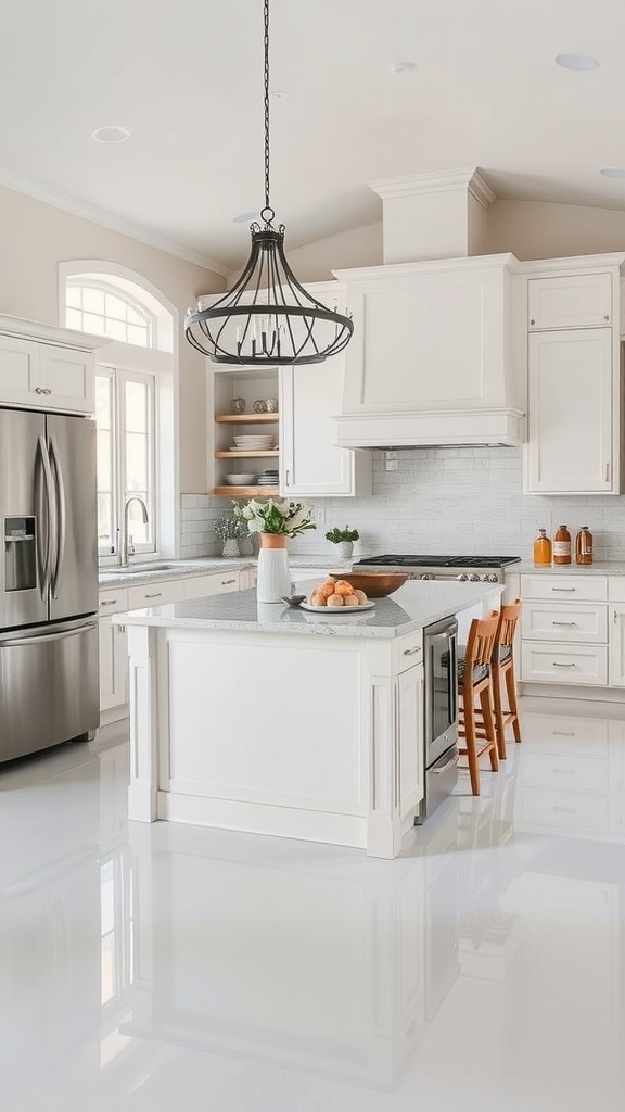 A bright farmhouse kitchen featuring a white island table, wooden accents, and glossy epoxy flooring.