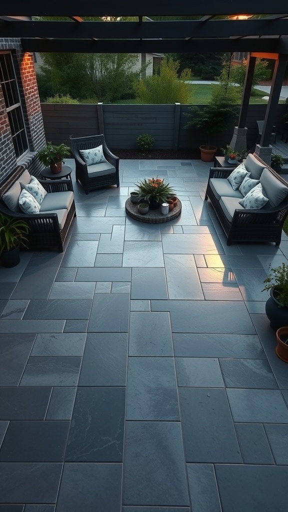 A beautiful patio featuring a classic white marble effect epoxy floor, surrounded by comfortable seating and plants.