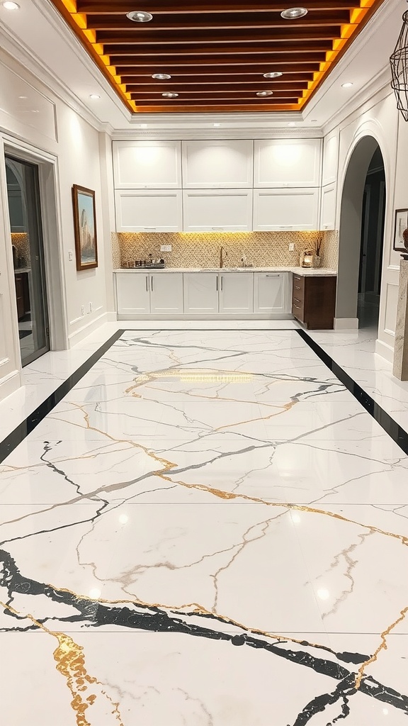 Interior featuring classic white marble floor with dark grout lines, accentuated by a warm wooden ceiling.