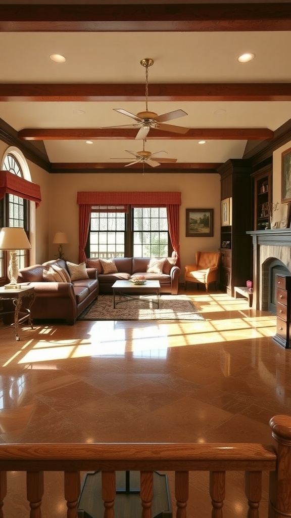 A modern living room featuring epoxy floors that resemble classic wood planks.