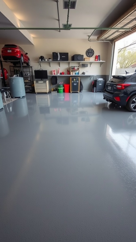 Cleaning supplies arranged neatly on a garage floor with epoxy coating
