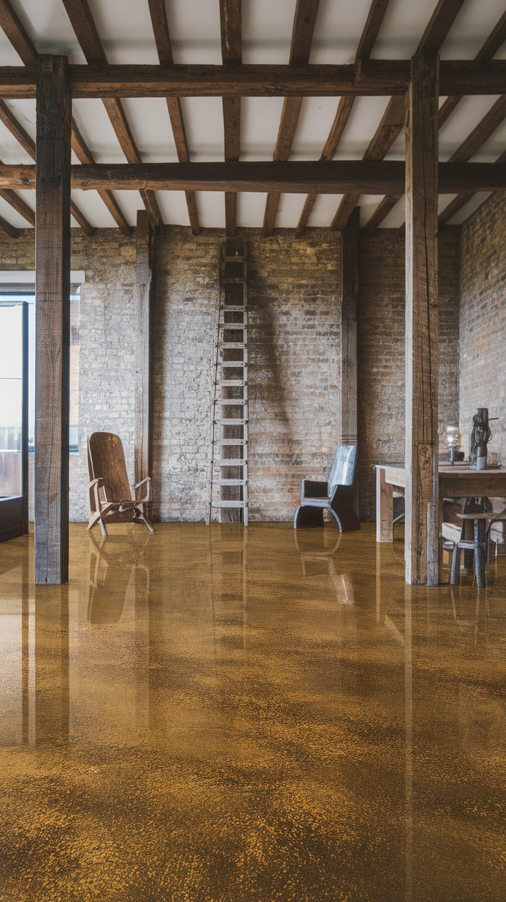 A stylish interior showcasing clear epoxy overlays on the floor, with wooden beams and rustic furniture.