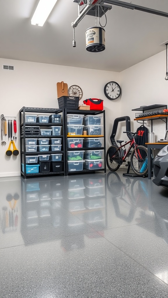 An organized garage with clear storage bins on shelves and an epoxy floor.