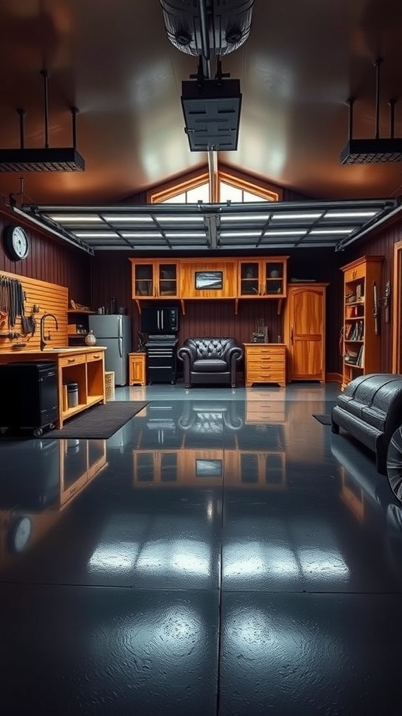 A stylish garage interior featuring dark epoxy flooring, wooden cabinets, and comfortable seating.