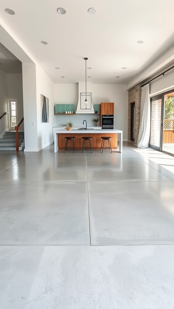 A modern kitchen with a micro cement floor, showcasing coastal-inspired design elements.