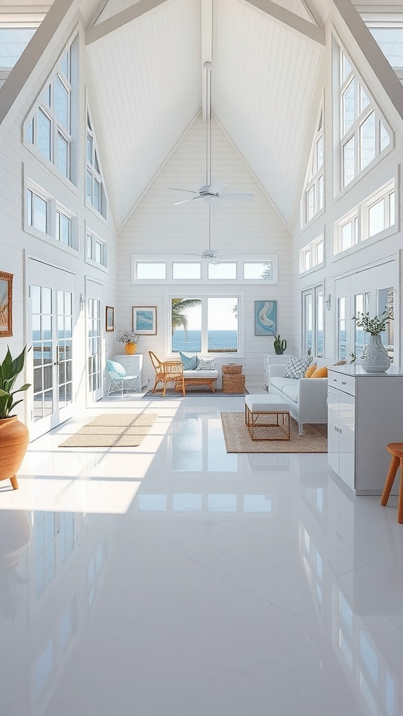 Interior of a coastal beach house with white epoxy floors, large windows, and ocean views