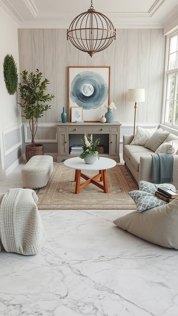 A cozy room with a coastal blue and sand epoxy floor design, featuring light blue walls and large windows.
