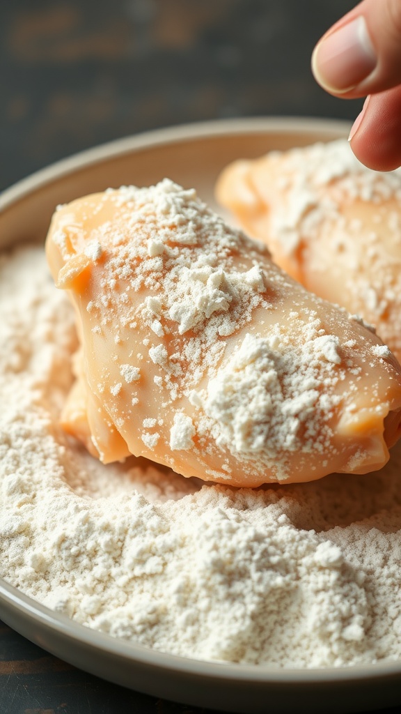 Crispy coated chicken pieces being prepared for frying.