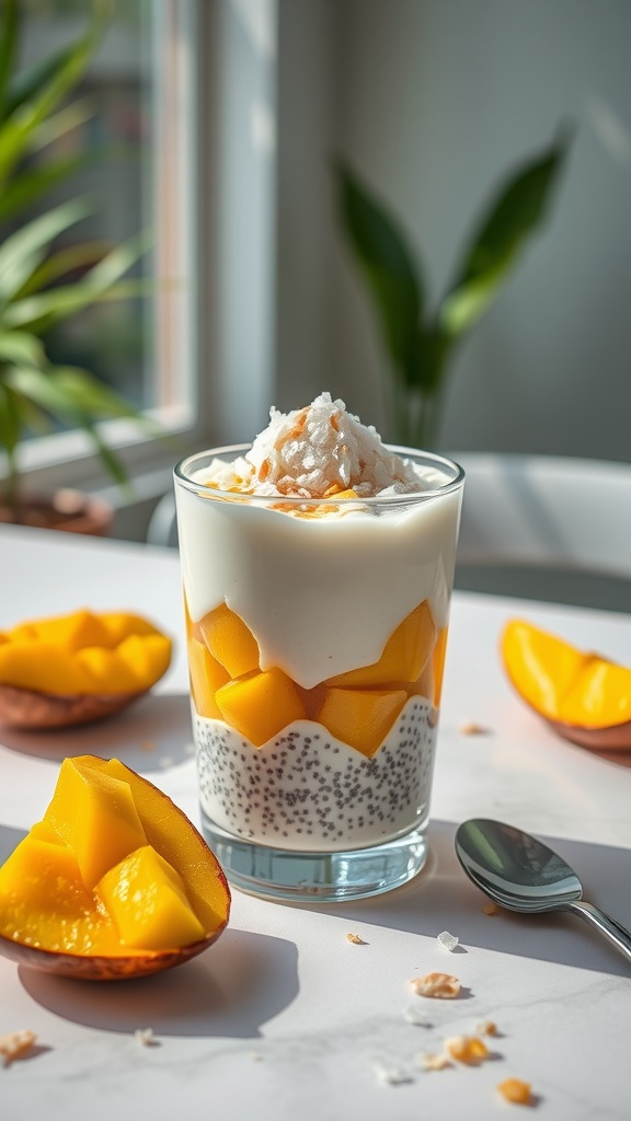 A glass of coconut chia pudding layered with mango.