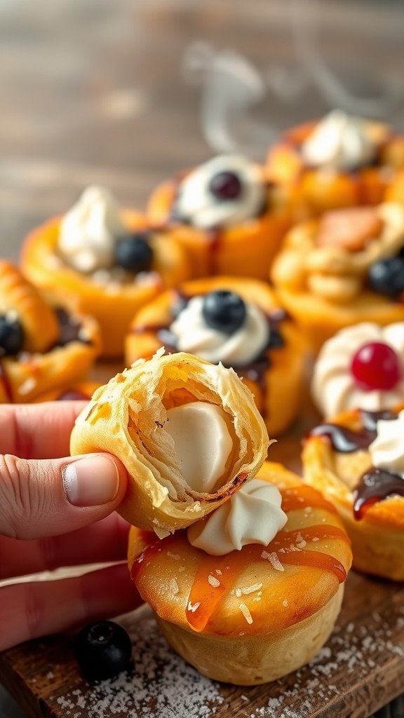 Delicious coconut cream puff pastry cups topped with fresh fruit and a drizzle of sauce