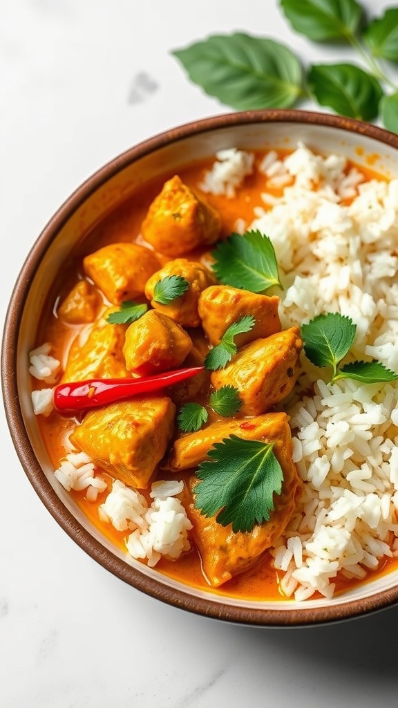 A bowl of coconut curry chicken served with white rice
