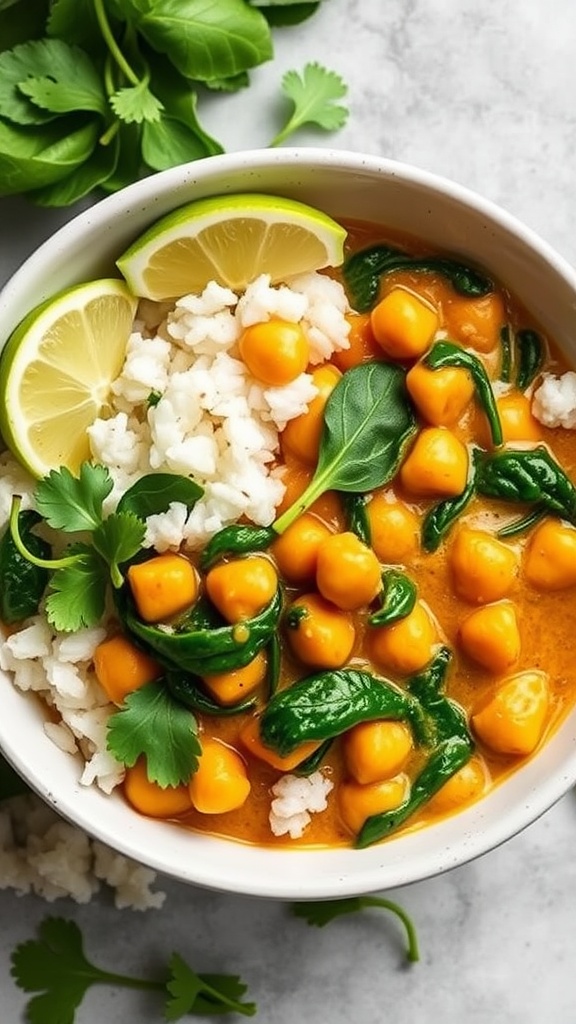 Bowl of coconut curry chickpeas served with rice, garnished with lime and cilantro.