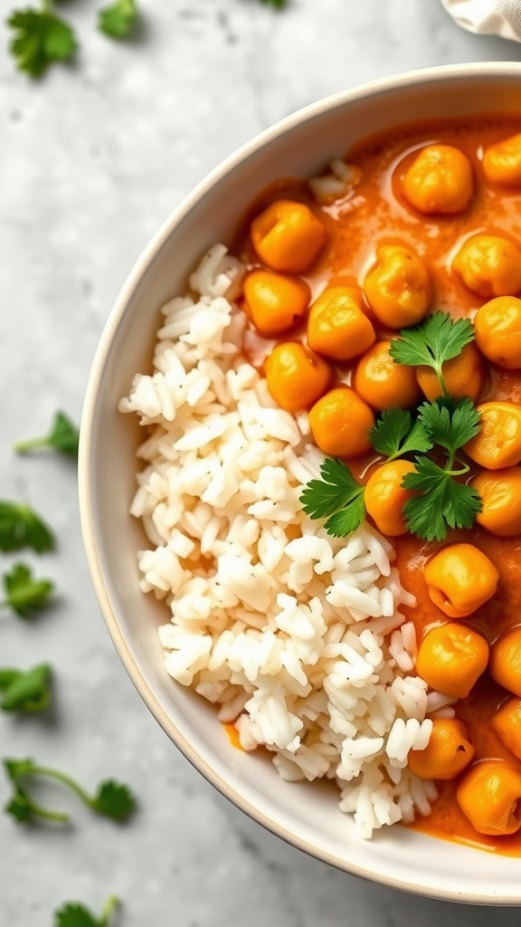 A bowl of coconut curry chickpeas served with jasmine rice, garnished with fresh cilantro.