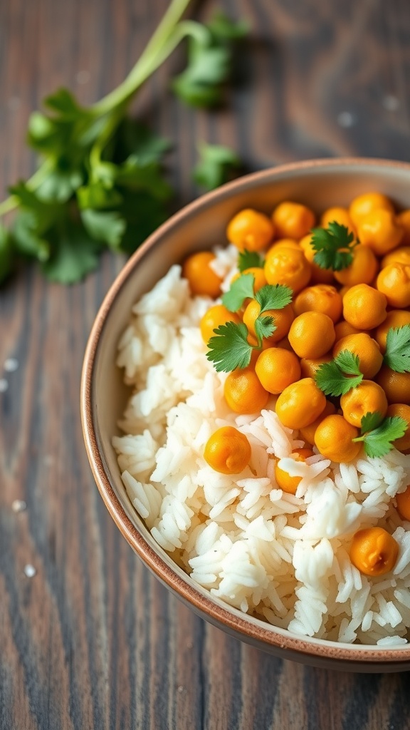 Bowl of coconut curry chickpeas served over white rice with fresh cilantro