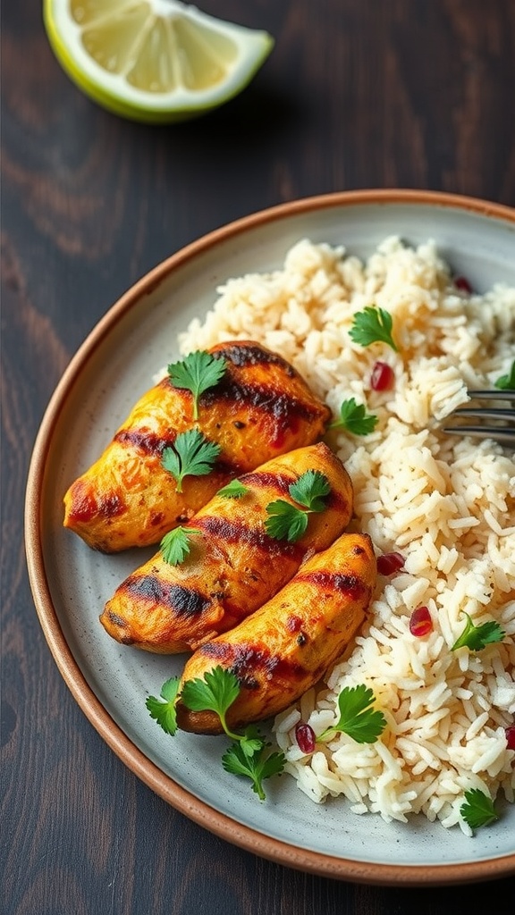 Plate of grilled chicken with coconut curry flavor, served with rice and garnished with cilantro.