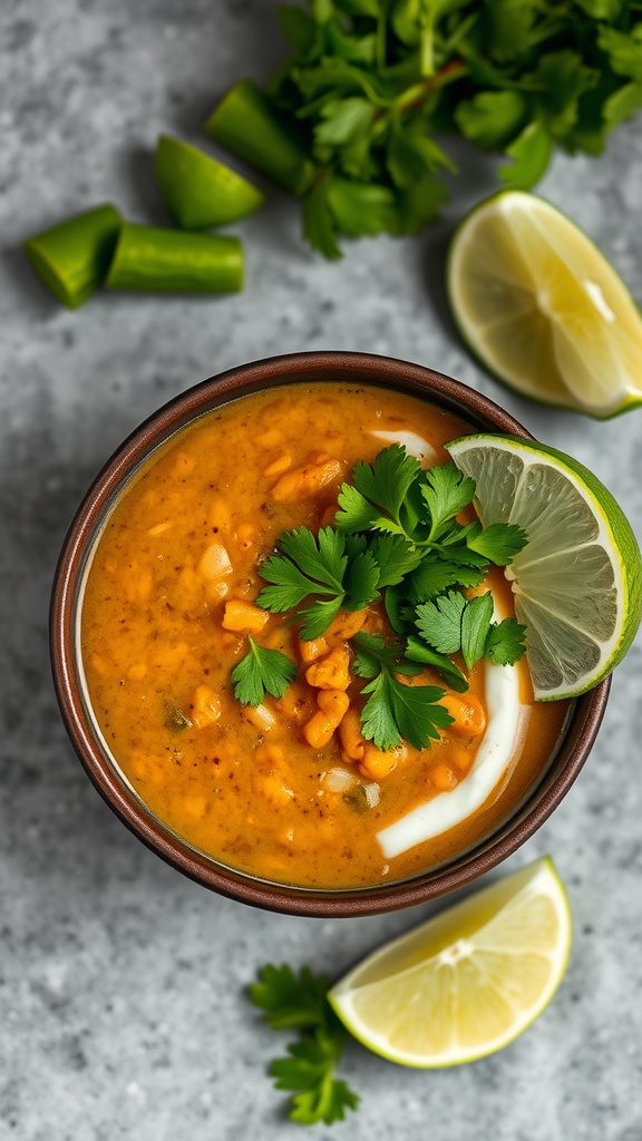 A bowl of Coconut Curry Lentil Soup garnished with cilantro and lime