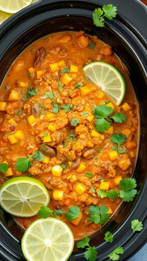 A bowl of Coconut Curry Lentils topped with cilantro and lime slices.