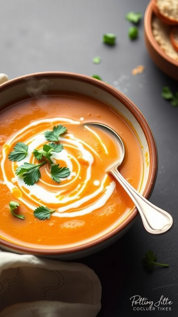 Bowl of coconut curry sweet potato soup with fresh cilantro garnish.