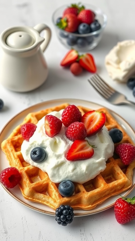 Delicious coconut flour waffles topped with whipped cream and fresh berries on a plate.