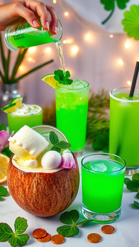 A vibrant green coconut lime mocktail garnished with mint leaves and lime slices.