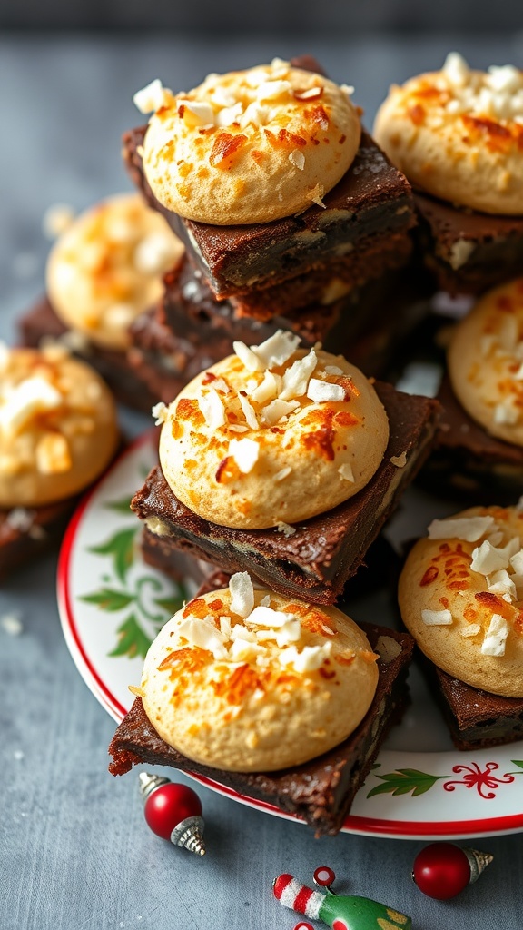 Delicious coconut macaroon brownies stacked on a plate, showcasing their rich chocolate and toasted coconut topping.