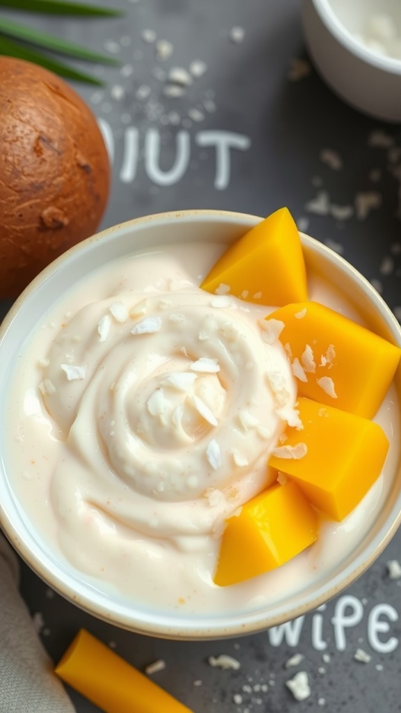 Bowl of coconut milk rice pudding topped with mango slices