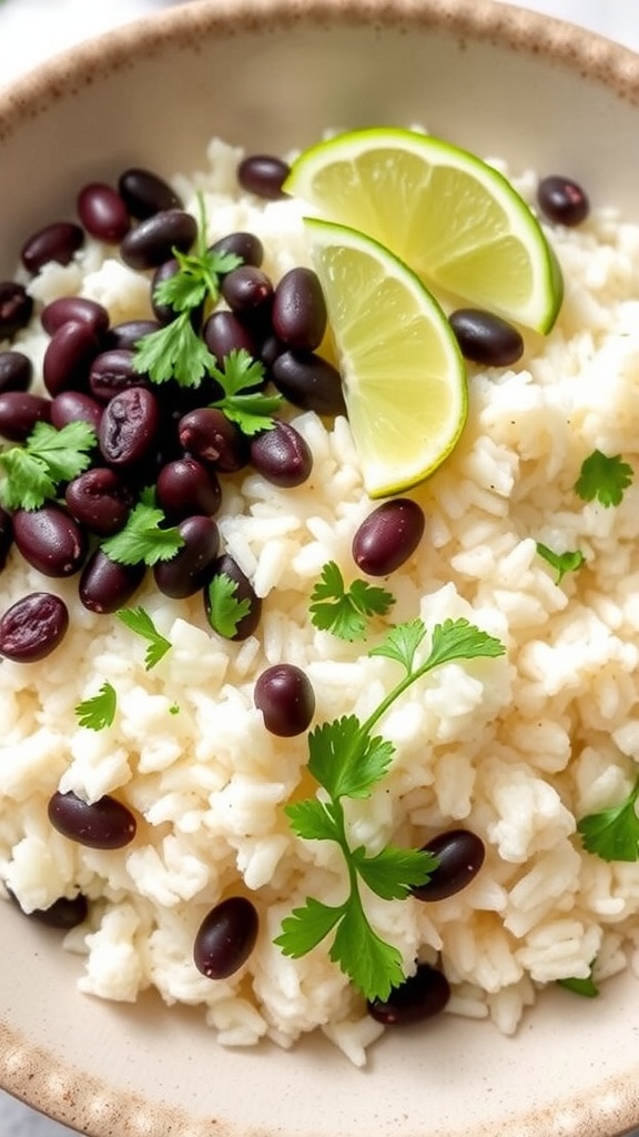 A bowl of coconut rice topped with black beans and garnished with lime slices and cilantro.