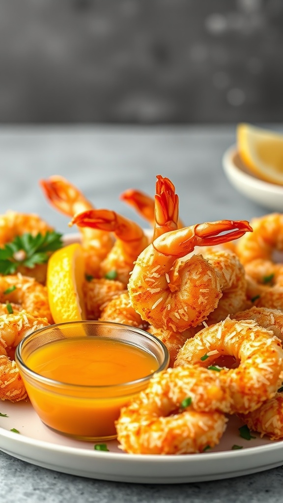 Coconut shrimp served with citrus dipping sauce on a plate.