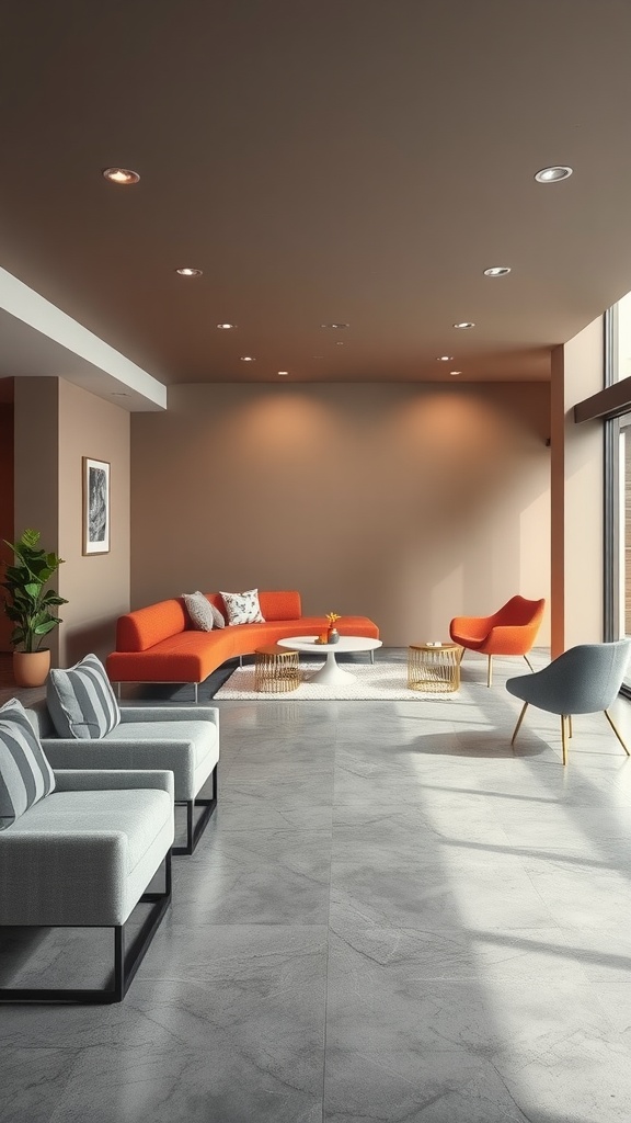 A modern living room with stylish furniture and concrete floors.