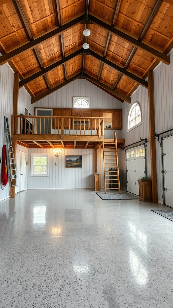 Interior view of a garage loft featuring high wooden beams and shiny epoxy floors.