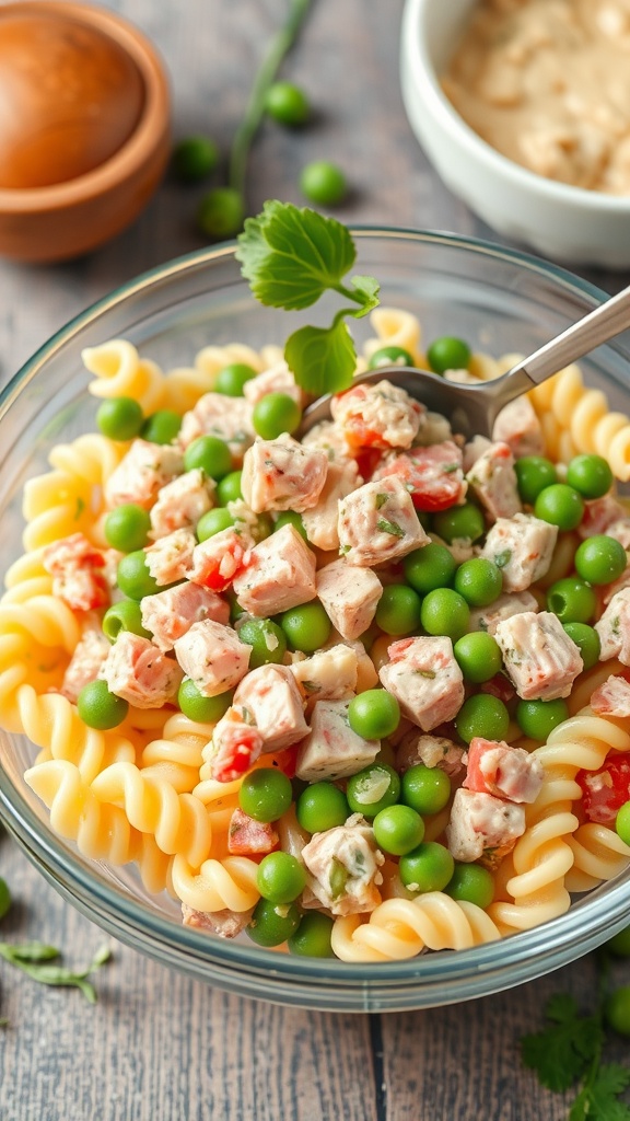 A bowl of cold pasta salad with tuna, green peas, and diced vegetables.