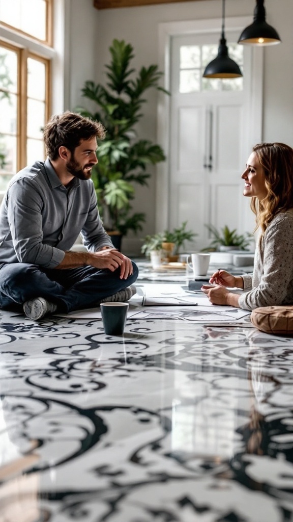 Two people discussing custom epoxy floor designs in a well-lit room.