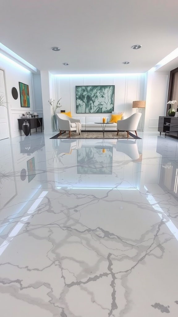 A modern living room with white and grey color-changing epoxy floors, featuring contemporary furniture and art.