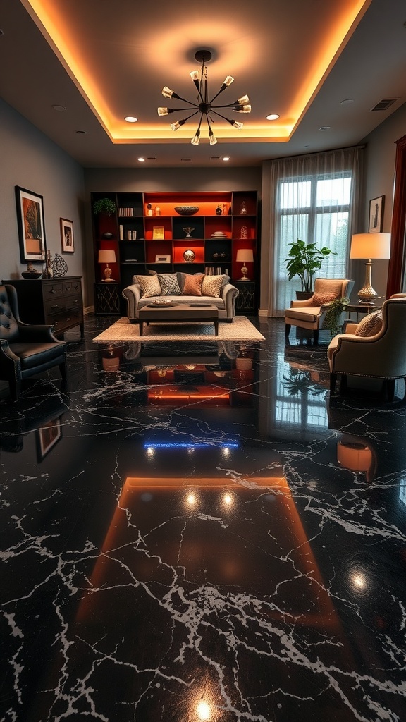 Luxurious living room with black marble epoxy floor reflecting light from ceiling fixtures.
