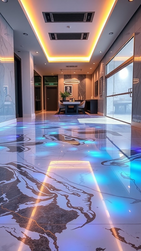 A modern interior with color-changing epoxy flooring featuring illuminated blue and white patterns.