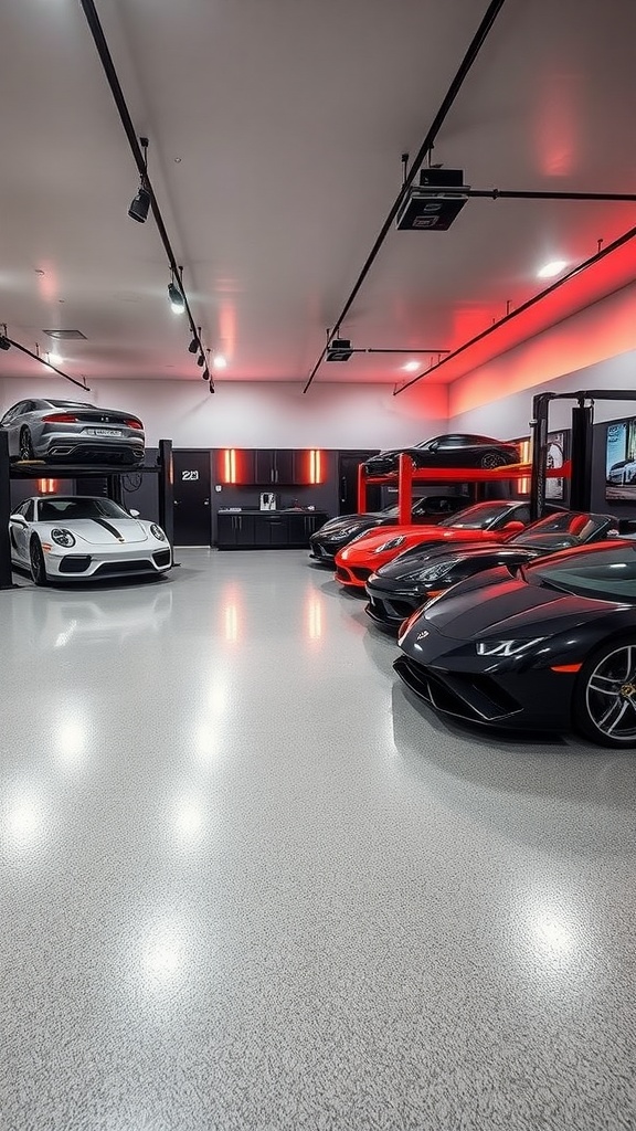 A sleek luxury garage showcasing metallic epoxy flooring and high-end cars.