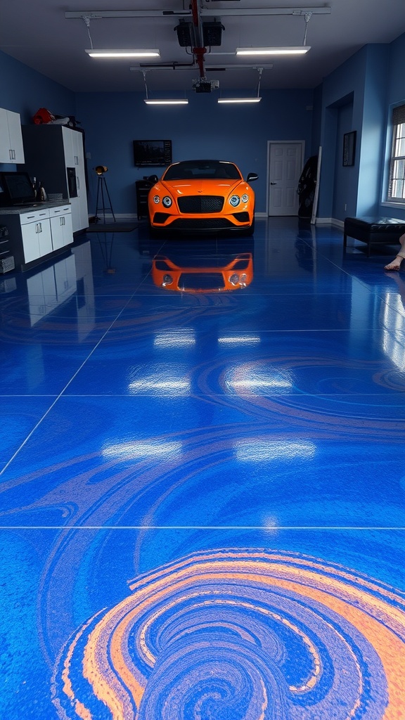 A garage featuring a vibrant blue epoxy floor with orange swirls, showcasing a stylish car and modern design.