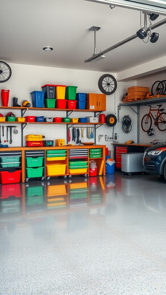A colorful garage with organized tool storage and epoxy flooring