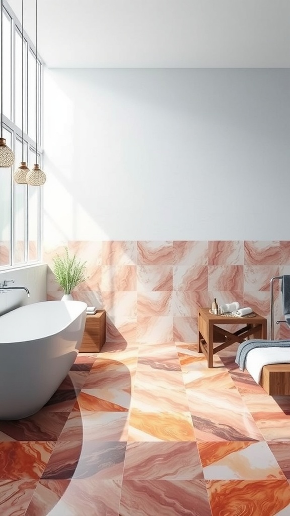 A modern bathroom with marbled epoxy flooring in warm red and orange tones, featuring a freestanding tub and natural light from large windows.